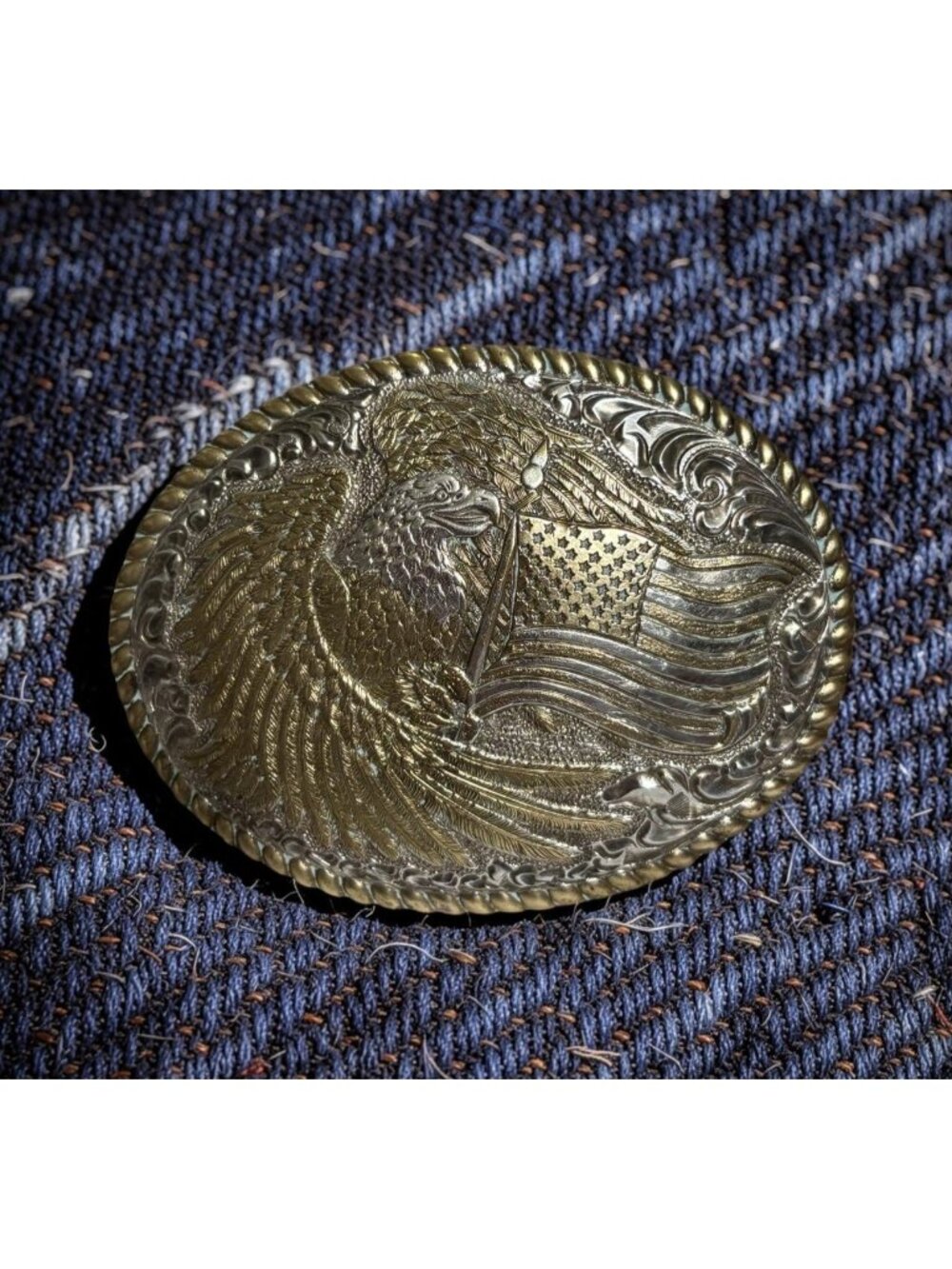Vintage Crumrine Eagle Belt Buckle American Flag Heavy Silver Plate on Bronze We - Picture 2 of 8